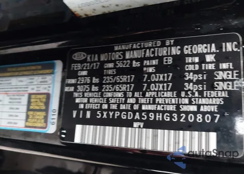 2017 Kia Sorento 3.3L Lx z USA, uszkodzony, nr VIN 5XYPGDA59HG320807